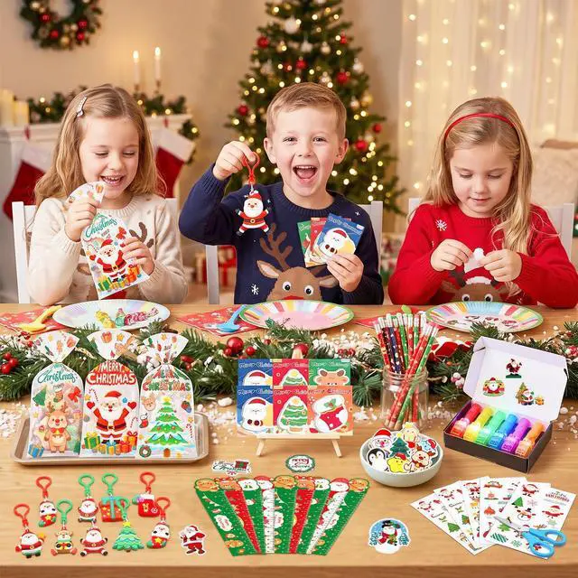 Alt view image 4 of 7 - 158 PCS Christmas Party Favors, Including Xmas Sticky Notes Santa Claus Keychains Christmas Stickers Badges Christmas Candy Bags Etc Christmas Goodie Bag Stuffers