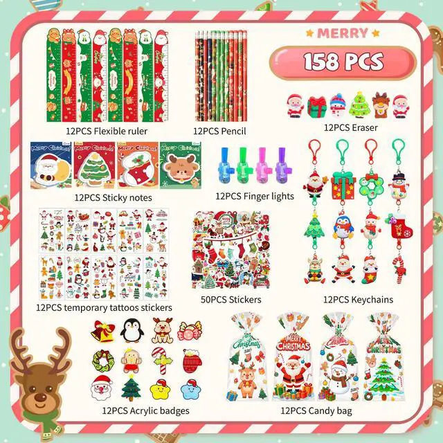 Alt view image 7 of 7 - 158 PCS Christmas Party Favors, Including Xmas Sticky Notes Santa Claus Keychains Christmas Stickers Badges Christmas Candy Bags Etc Christmas Goodie Bag Stuffers