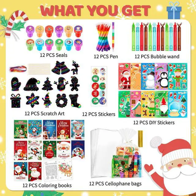 Alt view image 7 of 7 - 96pcs Christmas Party Favors, Including Christmas DIY Stickers & Treat Bags, Christmas Stamps Pens Etc Christmas Classroom Gifts and Xmas Party Supplies