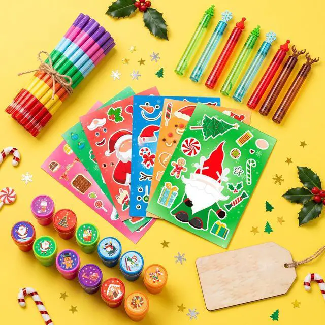 Alt view image 2 of 7 - 96pcs Christmas Party Favors, Including Christmas DIY Stickers & Treat Bags, Christmas Stamps Pens Etc Christmas Classroom Gifts and Xmas Party Supplies