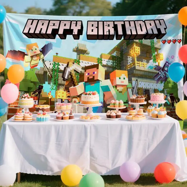Alt view image 3 of 7 - Pixel Party Decorations, Pixel Games Birthday Backdrop Minecraft Happy Birthday Party Backdrop Pixel Games Themed Party Backdrop, Pixel Party Backdrop for Minecraft Themed Party Decorations