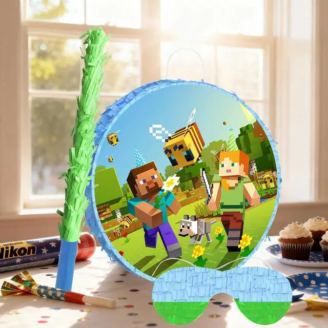 Alt view image 5 of 7 - 4pcs Pixel Game Pinata, Minecraft Round Pinata Set - Large Minecraft Pinata, Minecraft Pinata Eye Mask and Minecraft Pinata Stick ETC. Minecraft Decorations for Minecraft Party Decoration Pinata