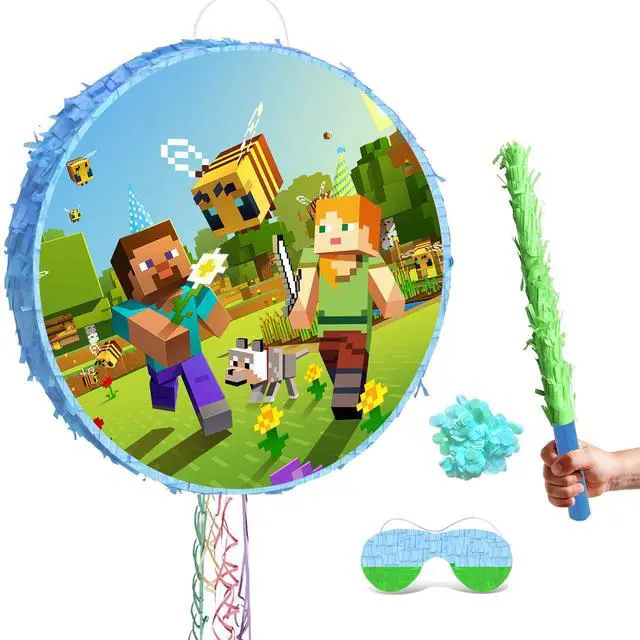 Main image of 4pcs Pixel Game Pinata, Minecraft Round Pinata Set - Large Minecraft Pinata, Minecraft Pinata Eye Mask and Minecraft Pinata Stick ETC. Minecraft Decorations for Minecraft Party Decoration Pinata