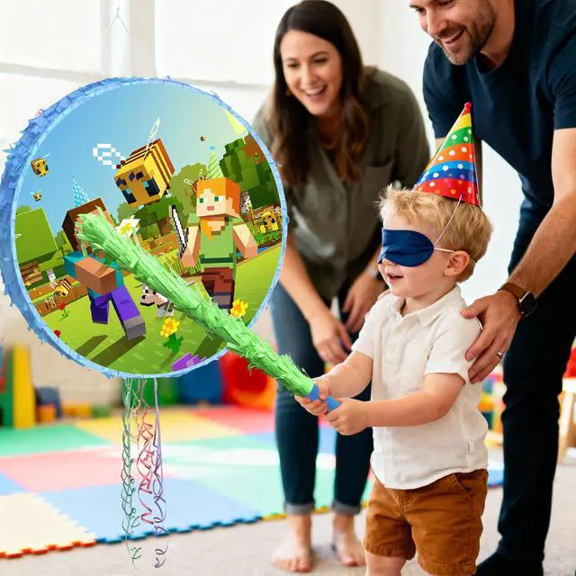 Alt view image 4 of 7 - 4pcs Pixel Game Pinata, Minecraft Round Pinata Set - Large Minecraft Pinata, Minecraft Pinata Eye Mask and Minecraft Pinata Stick ETC. Minecraft Decorations for Minecraft Party Decoration Pinata
