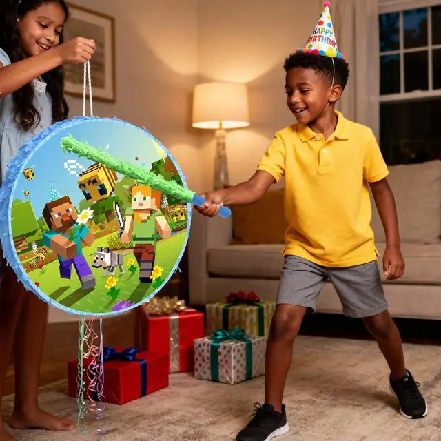 Alt view image 2 of 7 - 4pcs Pixel Game Pinata, Minecraft Round Pinata Set - Large Minecraft Pinata, Minecraft Pinata Eye Mask and Minecraft Pinata Stick ETC. Minecraft Decorations for Minecraft Party Decoration Pinata