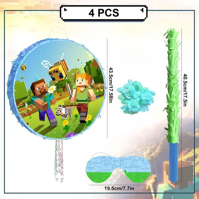 Alt view image 7 of 7 - 4pcs Pixel Game Pinata, Minecraft Round Pinata Set - Large Minecraft Pinata, Minecraft Pinata Eye Mask and Minecraft Pinata Stick ETC. Minecraft Decorations for Minecraft Party Decoration Pinata
