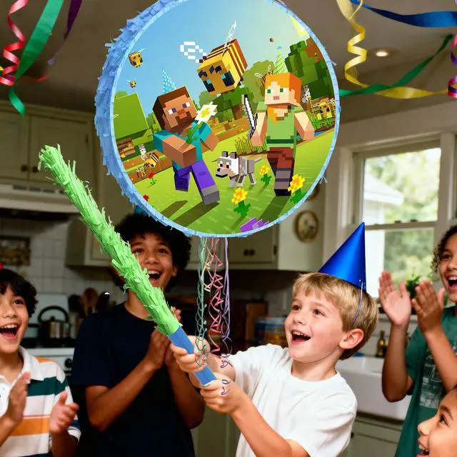 Alt view image 3 of 7 - 4pcs Pixel Game Pinata, Minecraft Round Pinata Set - Large Minecraft Pinata, Minecraft Pinata Eye Mask and Minecraft Pinata Stick ETC. Minecraft Decorations for Minecraft Party Decoration Pinata