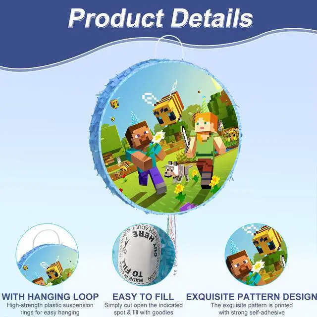 Alt view image 6 of 7 - 4pcs Pixel Game Pinata, Minecraft Round Pinata Set - Large Minecraft Pinata, Minecraft Pinata Eye Mask and Minecraft Pinata Stick ETC. Minecraft Decorations for Minecraft Party Decoration Pinata