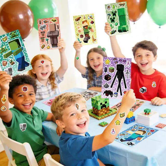 Alt view image 2 of 7 - Pixel Games Make a Face Stickers, Minecraft Diy Stickers with 8 Designs Characters for Minecraft Party Supplies, Make Your Own Pixel Games Stickers for Kids Minecraft Birthday Decorations Favor