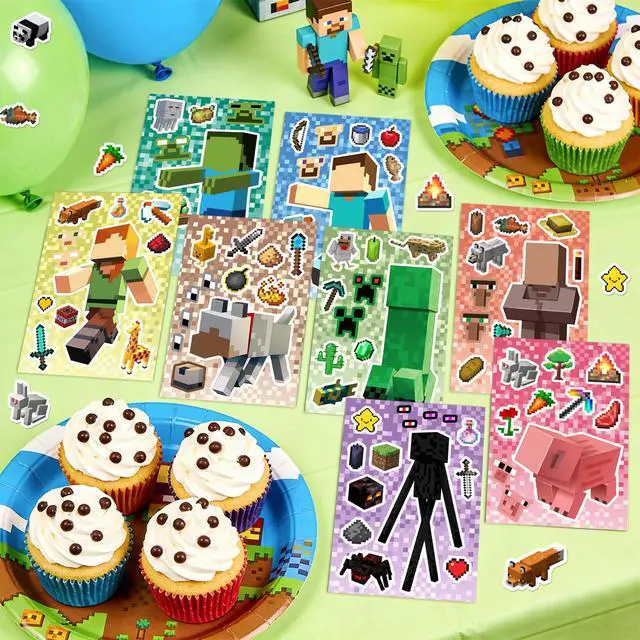 Alt view image 3 of 7 - Pixel Games Make a Face Stickers, Minecraft Diy Stickers with 8 Designs Characters for Minecraft Party Supplies, Make Your Own Pixel Games Stickers for Kids Minecraft Birthday Decorations Favor