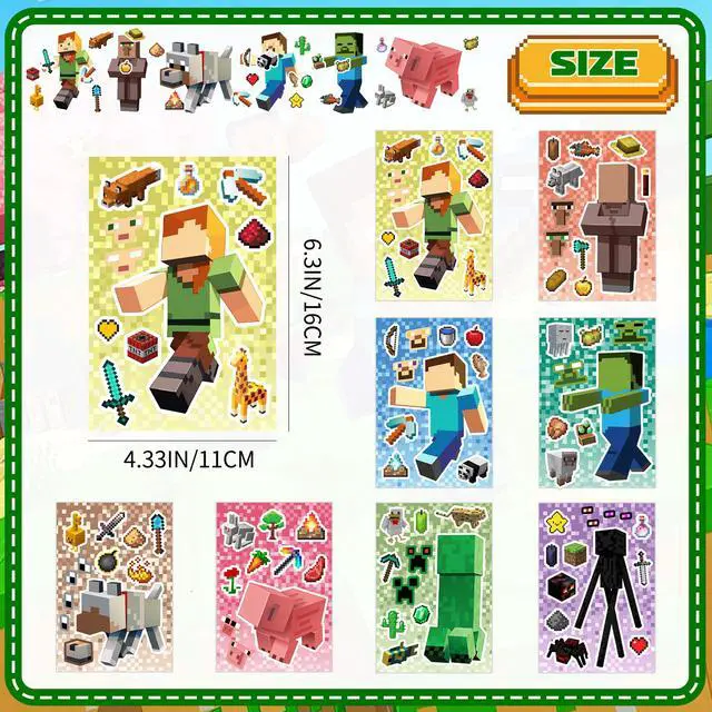Alt view image 6 of 7 - Pixel Games Make a Face Stickers, Minecraft Diy Stickers with 8 Designs Characters for Minecraft Party Supplies, Make Your Own Pixel Games Stickers for Kids Minecraft Birthday Decorations Favor