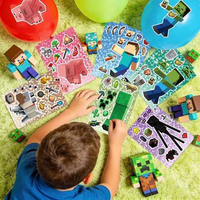 Alt view image 5 of 7 - Pixel Games Make a Face Stickers, Minecraft Diy Stickers with 8 Designs Characters for Minecraft Party Supplies, Make Your Own Pixel Games Stickers for Kids Minecraft Birthday Decorations Favor