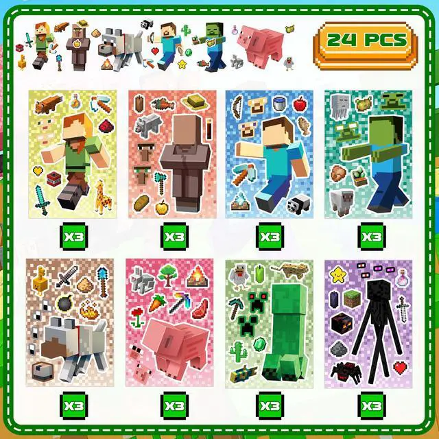 Alt view image 7 of 7 - Pixel Games Make a Face Stickers, Minecraft Diy Stickers with 8 Designs Characters for Minecraft Party Supplies, Make Your Own Pixel Games Stickers for Kids Minecraft Birthday Decorations Favor