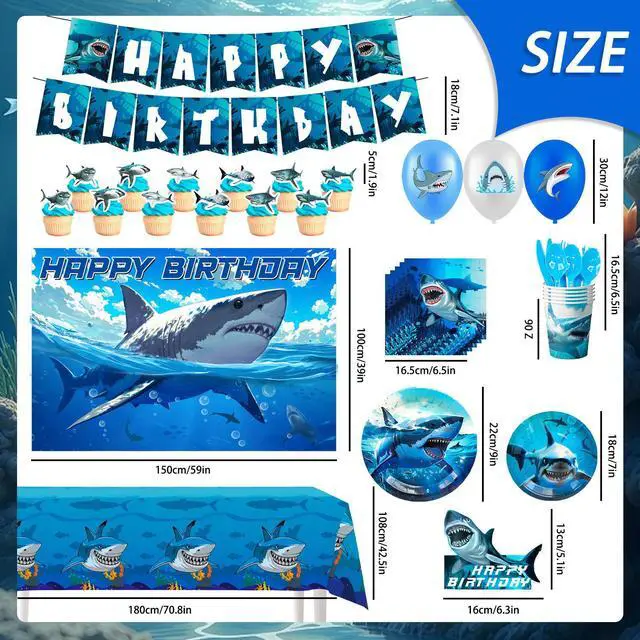 Alt view image 6 of 7 - Shark Birthday Party Decorations, 10 Guests Shark Party Tableware Set Shark Plates Napkins Tablecloths Shark Balloons Banner Shark Cake Toppers etc Shark Party Supplies