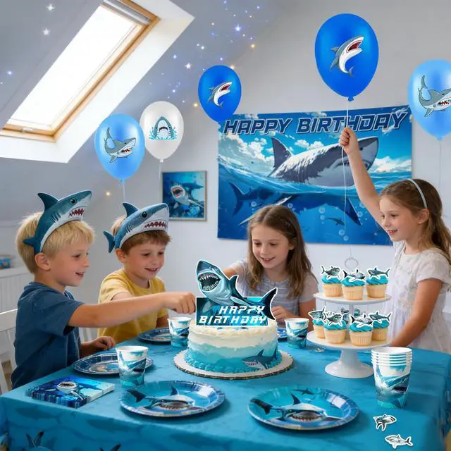 Alt view image 2 of 7 - Shark Birthday Party Decorations, 10 Guests Shark Party Tableware Set Shark Plates Napkins Tablecloths Shark Balloons Banner Shark Cake Toppers etc Shark Party Supplies