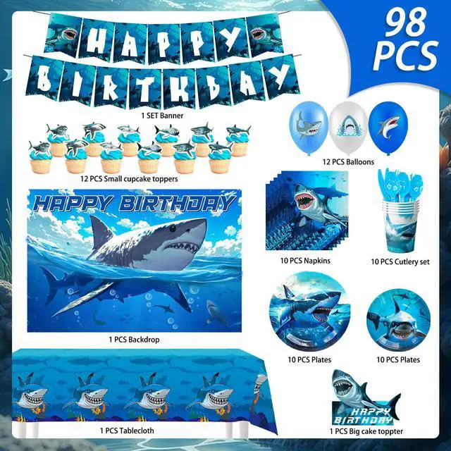 Alt view image 7 of 7 - Shark Birthday Party Decorations, 10 Guests Shark Party Tableware Set Shark Plates Napkins Tablecloths Shark Balloons Banner Shark Cake Toppers etc Shark Party Supplies
