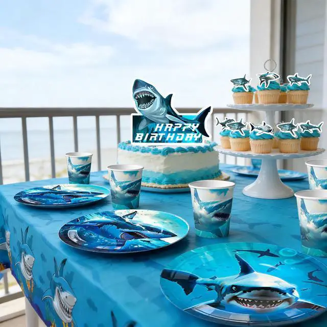 Alt view image 3 of 7 - Shark Birthday Party Decorations, 10 Guests Shark Party Tableware Set Shark Plates Napkins Tablecloths Shark Balloons Banner Shark Cake Toppers etc Shark Party Supplies