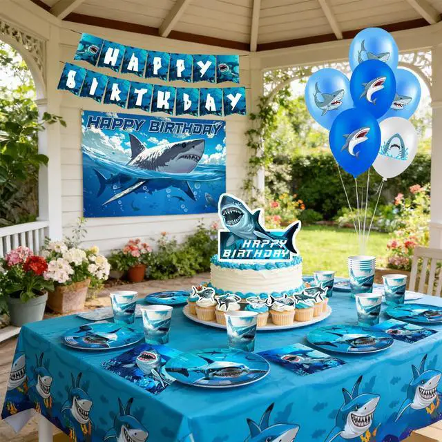 Alt view image 4 of 7 - Shark Birthday Party Decorations, 10 Guests Shark Party Tableware Set Shark Plates Napkins Tablecloths Shark Balloons Banner Shark Cake Toppers etc Shark Party Supplies