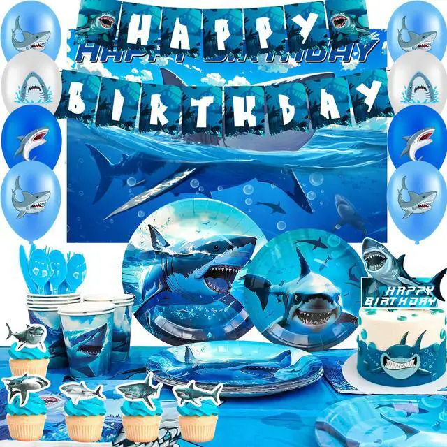 Main image of Shark Birthday Party Decorations, 10 Guests Shark Party Tableware Set Shark Plates Napkins Tablecloths Shark Balloons Banner Shark Cake Toppers etc Shark Party Supplies