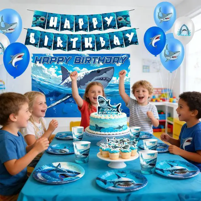 Alt view image 5 of 7 - Shark Birthday Party Decorations, 10 Guests Shark Party Tableware Set Shark Plates Napkins Tablecloths Shark Balloons Banner Shark Cake Toppers etc Shark Party Supplies