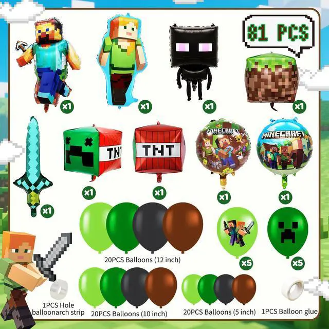 Alt view image 7 of 7 - 81pcs Minecraft Balloon Party Decorations,Minecraft Birthday Decorations Balloons Set,Minecraft Theme Party Latex Balloons,Foil Balloons for Kids Birthday Party Decorations Favors