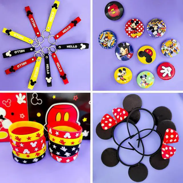 Alt view image 4 of 6 - Mouse Party Favors, All-in-One Mickey Party Favors Packs - Mouse Ears Headband & Cartoon Mouse Treat Box & Mickey Party Silicone Bracelet Keychains Button Pin etc Mickey Mouse Party Supplies for Kids