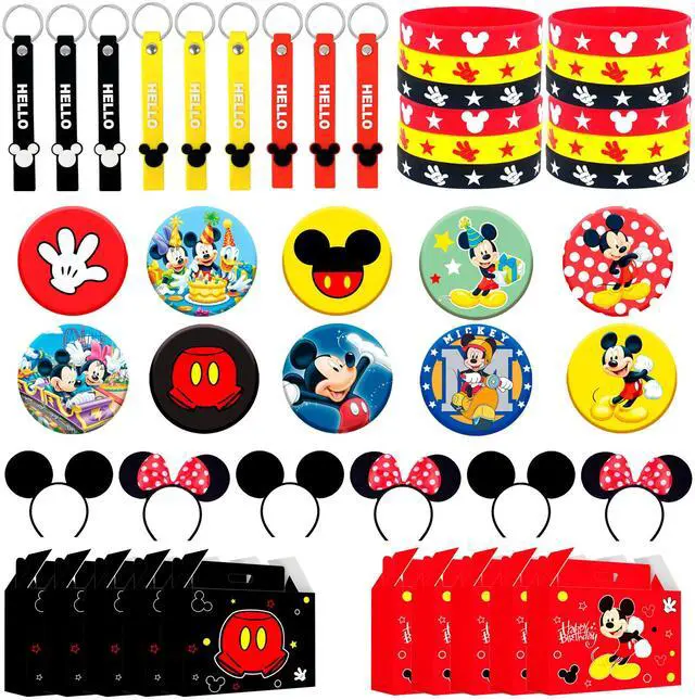 Main image of Mouse Party Favors, All-in-One Mickey Party Favors Packs - Mouse Ears Headband & Cartoon Mouse Treat Box & Mickey Party Silicone Bracelet Keychains Button Pin etc Mickey Mouse Party Supplies for Kids
