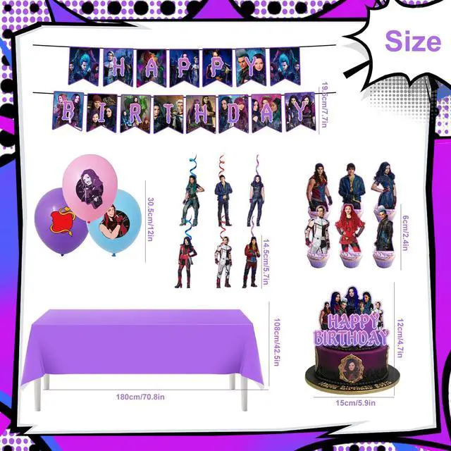 Alt view image 6 of 7 - 33 Pcs Descendants Party Decorations Set - Descendants Birthday Decorations Banners Spirals Tablecloth & Balloons Ccake Toppers ETC Descendants Party Supplies for Kids