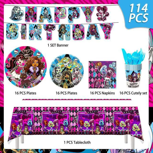 Alt view image 6 of 6 - 114pcs Monster High Birthday Party Tableware Set - Monster High Birthday Party Plates Napkins Cups Tablecloth etc Monster High Tableware for Monster High Birthday Decorations for Kids,Serves 16