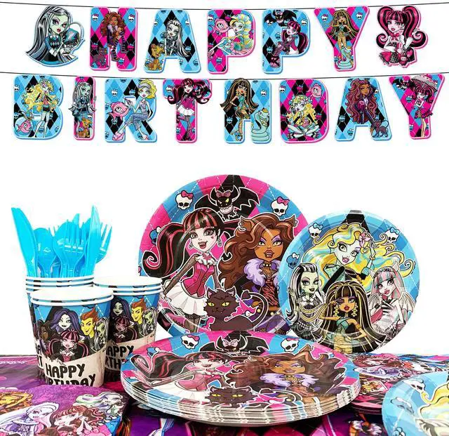 Main image of 114pcs Monster High Birthday Party Tableware Set - Monster High Birthday Party Plates Napkins Cups Tablecloth etc Monster High Tableware for Monster High Birthday Decorations for Kids,Serves 16