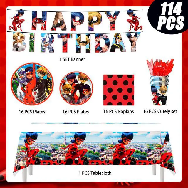 Alt view image 7 of 7 - 114pcs Miraculous Ladybug Birthday Party Decoration Tableware Set- Miraculous Ladybug Party Decorations Banner Plates Cups Tablecloth etc Miraculous Ladybug Party Decorations for Kids,Serves 16