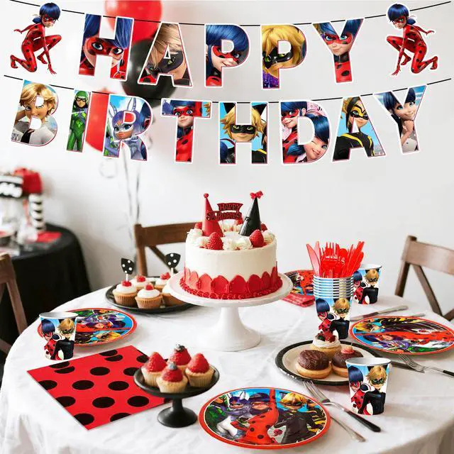 Alt view image 2 of 7 - 114pcs Miraculous Ladybug Birthday Party Decoration Tableware Set- Miraculous Ladybug Party Decorations Banner Plates Cups Tablecloth etc Miraculous Ladybug Party Decorations for Kids,Serves 16