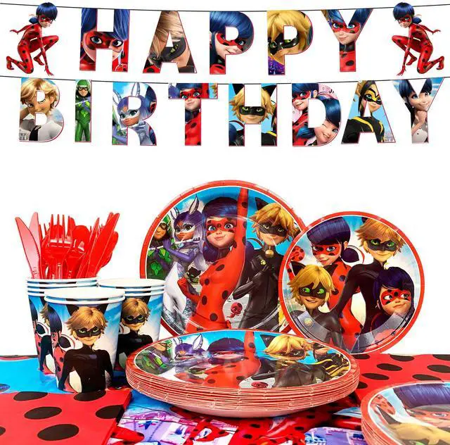 Main image of 114pcs Miraculous Ladybug Birthday Party Decoration Tableware Set- Miraculous Ladybug Party Decorations Banner Plates Cups Tablecloth etc Miraculous Ladybug Party Decorations for Kids,Serves 16