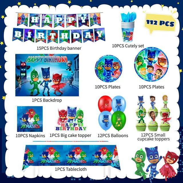 Alt view image 7 of 7 - PJ Masks Birthday Decorations,112pcs PJ Masks Party Decorations & PJ Masks Tableware set- PJ Masks Birthday Plates Napkins & PJ Masks Balloons Banner Cake Toppers etc PJ Masks Birthday Party Supplies