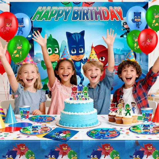 Alt view image 2 of 7 - PJ Masks Birthday Decorations,112pcs PJ Masks Party Decorations & PJ Masks Tableware set- PJ Masks Birthday Plates Napkins & PJ Masks Balloons Banner Cake Toppers etc PJ Masks Birthday Party Supplies