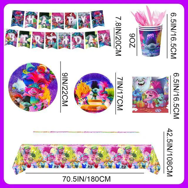 Alt view image 6 of 7 - Trolls Birthday Decorations, Trolls Party Tableware Set - 114pcs Trolls Theme Party Plates, Dinner Trays, Napkins, Tablecloths and Other Trolls Birthday Party Supplies for Boys/Girls, Serves 16