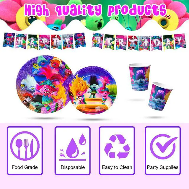 Alt view image 3 of 7 - Trolls Birthday Decorations, Trolls Party Tableware Set - 114pcs Trolls Theme Party Plates, Dinner Trays, Napkins, Tablecloths and Other Trolls Birthday Party Supplies for Boys/Girls, Serves 16