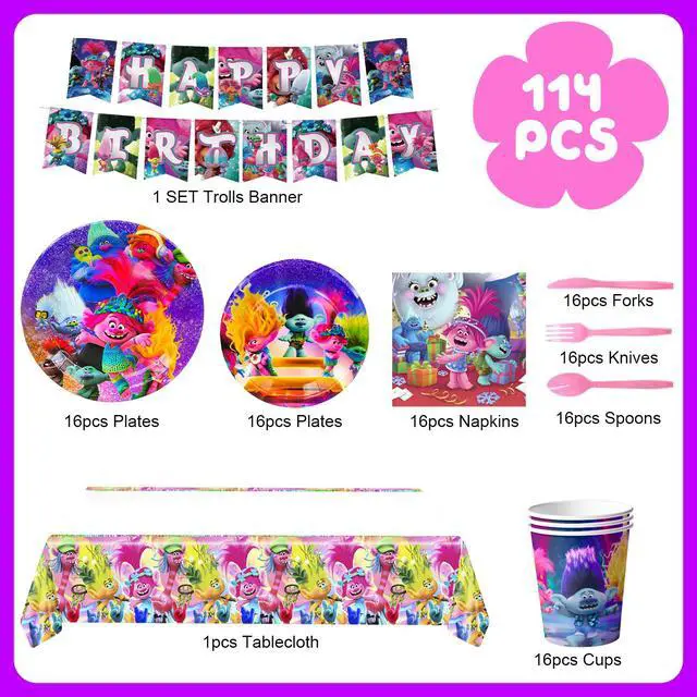 Alt view image 7 of 7 - Trolls Birthday Decorations, Trolls Party Tableware Set - 114pcs Trolls Theme Party Plates, Dinner Trays, Napkins, Tablecloths and Other Trolls Birthday Party Supplies for Boys/Girls, Serves 16