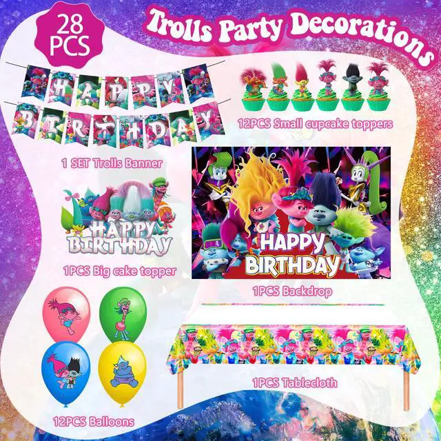 Alt view image 6 of 6 - Trolls Birthday Party Supplies, 28 Pcs Trolls Party Decorations Set - Trolls Tablecloth Banner Cake Decorations and Trolls Birthday Balloon Backdrop for Kids Trolls Theme Birthday Party
