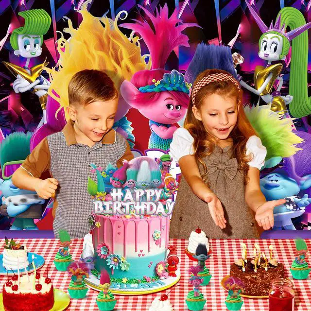 Alt view image 4 of 6 - Trolls Birthday Party Supplies, 28 Pcs Trolls Party Decorations Set - Trolls Tablecloth Banner Cake Decorations and Trolls Birthday Balloon Backdrop for Kids Trolls Theme Birthday Party