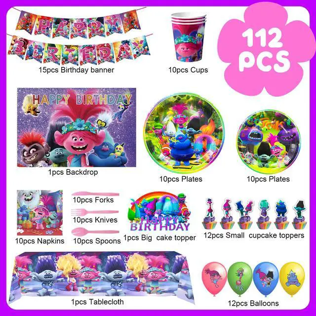 Alt view image 6 of 7 - Trolls Birthday Party Decorations Supplies, 112 Pcs Trolls Band Together Party Supplies Include Trolls Cake Topper Balloons Banner Plates Napkins Cups etc Trolls Party Decorations, for Girls & Boys
