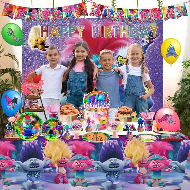 Alt view image 3 of 7 - Trolls Birthday Party Decorations Supplies, 112 Pcs Trolls Band Together Party Supplies Include Trolls Cake Topper Balloons Banner Plates Napkins Cups etc Trolls Party Decorations, for Girls & Boys