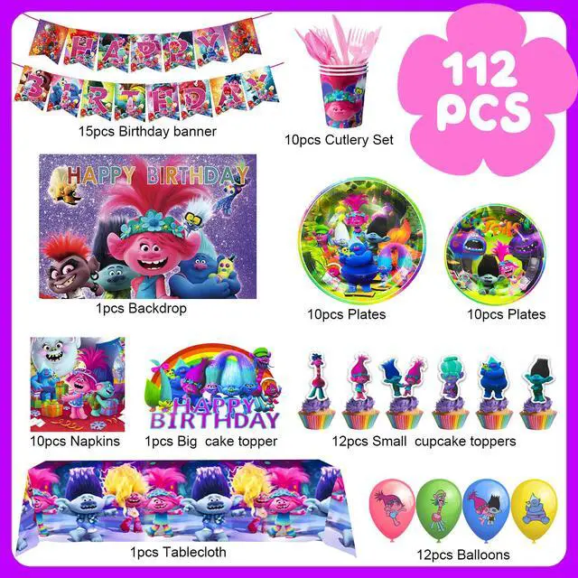 Alt view image 7 of 7 - Trolls Birthday Party Decorations Supplies, 112 Pcs Trolls Band Together Party Supplies Include Trolls Cake Topper Balloons Banner Plates Napkins Cups etc Trolls Party Decorations, for Girls & Boys