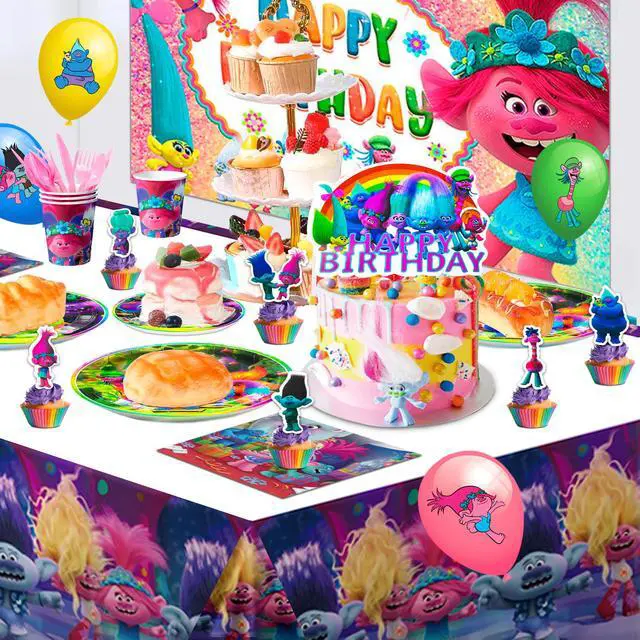 Alt view image 2 of 7 - Trolls Birthday Party Decorations Supplies, 112 Pcs Trolls Band Together Party Supplies Include Trolls Cake Topper Balloons Banner Plates Napkins Cups etc Trolls Party Decorations, for Girls & Boys