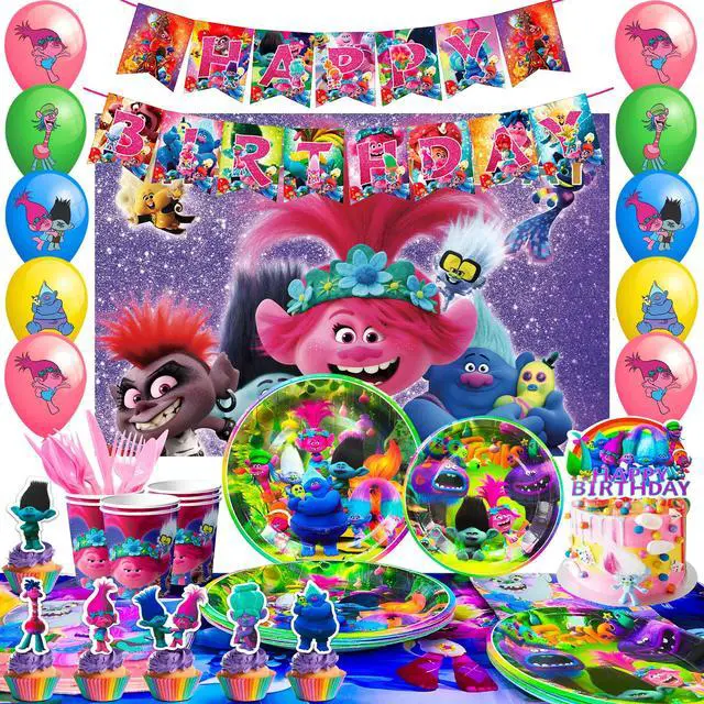 Main image of Trolls Birthday Party Decorations Supplies, 112 Pcs Trolls Band Together Party Supplies Include Trolls Cake Topper Balloons Banner Plates Napkins Cups etc Trolls Party Decorations, for Girls & Boys