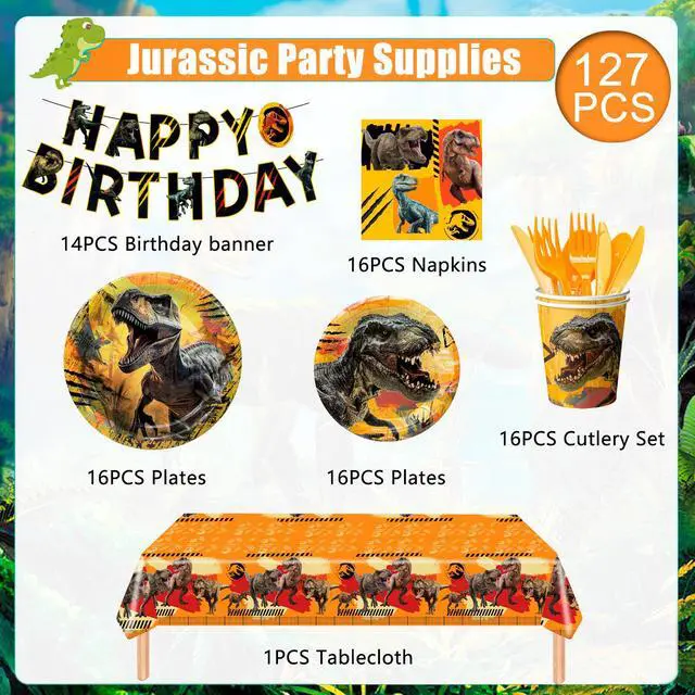 Alt view image 6 of 6 - Jurassic World Birthday Decorations Tableware, 127pcs Jurassic World Party Decorations Set - Dinosaur Theme Party Plate Cups Napkins Tablecloths Banner etc Jurassic Park Birthday Party Supplies