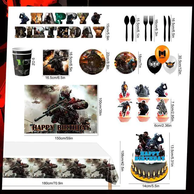 Alt view image 7 of 7 - 98 Pcs Call of Duty Party Decorations & Tableware Set - Call of Duty Cake Toppers Balloons Backdrop Cups etc. Call of Duty Themed Party Decorations for Boys