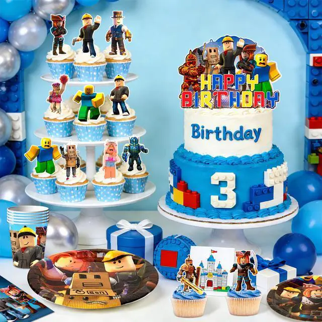 Alt view image 2 of 7 - 112pcs Roblox Party Decorations,Roblox Birthday Decorations Tableware Sets- Roblox Cake Toppers Balloons Backdrops Cups etc Roblox Themed Birthday Party Decorations