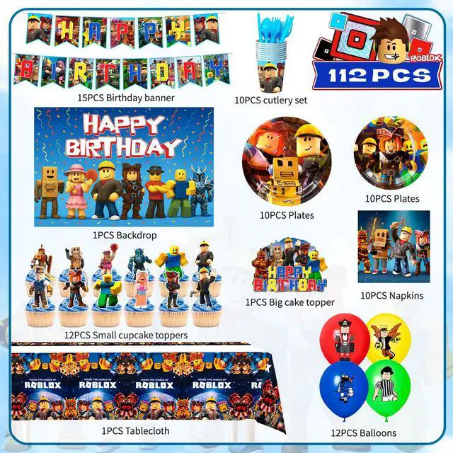 Alt view image 7 of 7 - 112pcs Roblox Party Decorations,Roblox Birthday Decorations Tableware Sets- Roblox Cake Toppers Balloons Backdrops Cups etc Roblox Themed Birthday Party Decorations