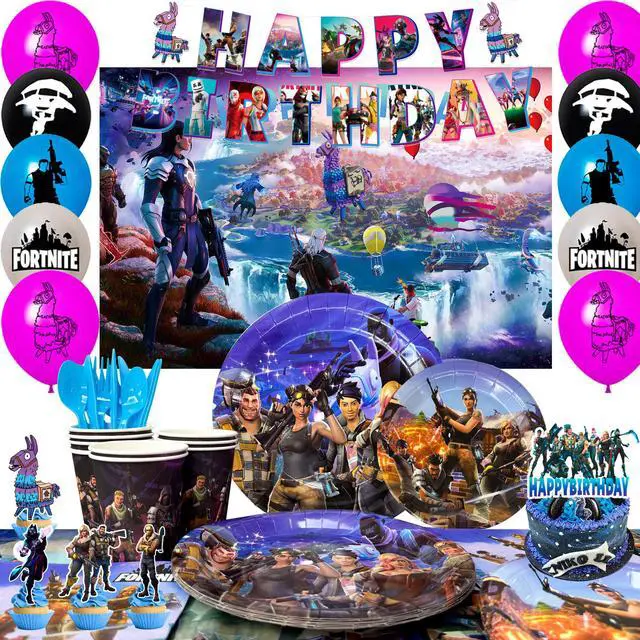 Main image of Fortnite Birthday Decorations, 98 Pcs Fortnite Party Decorations & Fortnite Party Tableware Set - Fortnite Birthday Banners Balloons Plates Napkins etc Fortnite Birthday Party Supplies for Kids